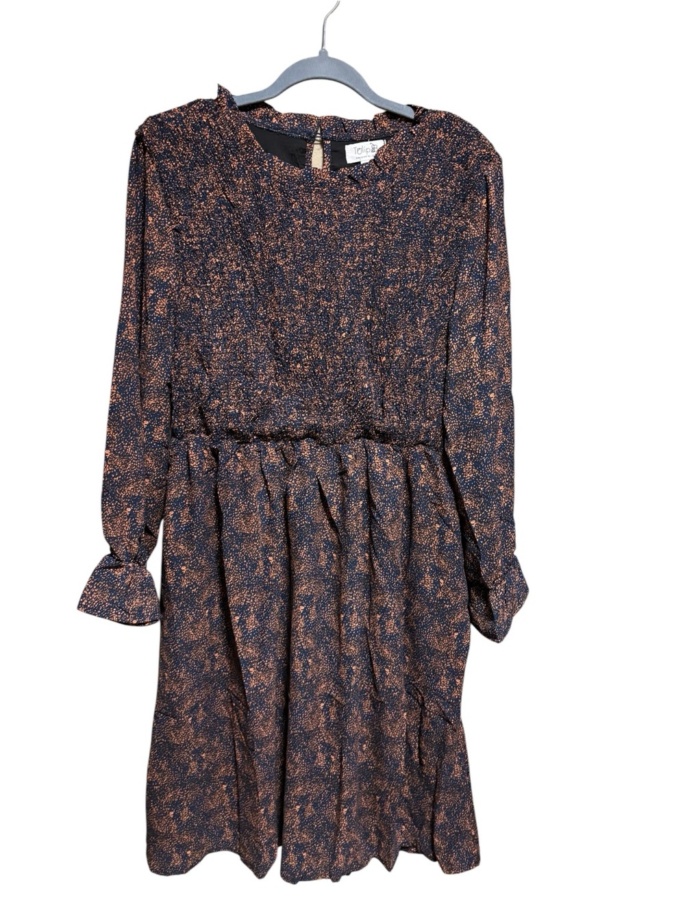NWT Tulip B Vintage Inspired Navy Rust Long-Sleeve Smocked Top Dress Pockets - Picture 6 of 9